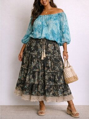 White House Black Market Blue Patterned Off-Shoulder Blouse